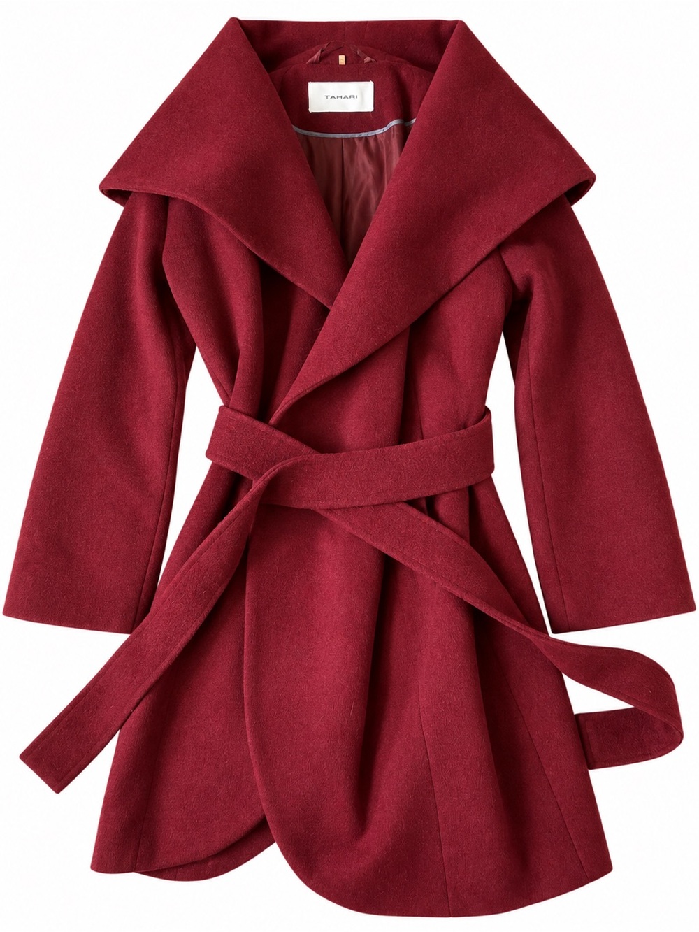 Tahari Wine Red Wrap Trench Coat with Shawl Collar
